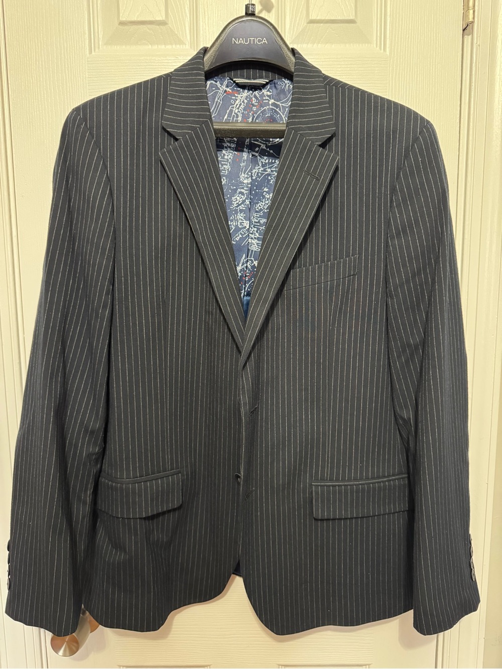 Nautica Men's Navy Pinstripe Suit Jacket with Printed Lining.